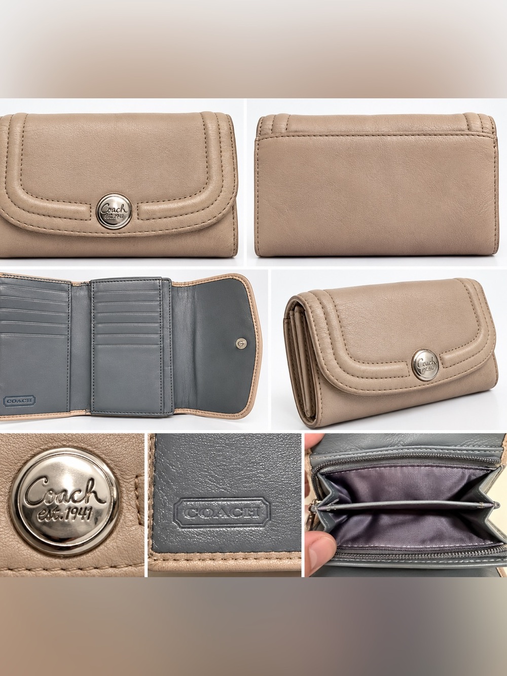 Coach Est. 1941 Beige Taupe Leather Trifold Wallet Silver Medallion